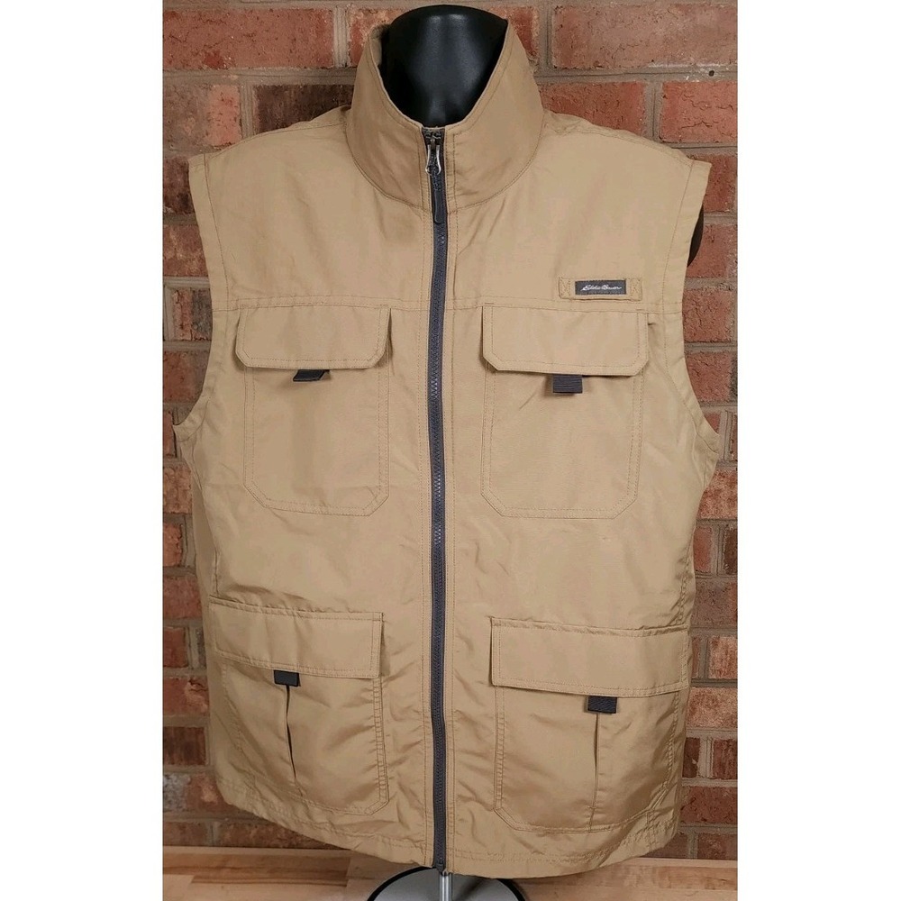 Eddie Bauer‎ Vest Mens Large Khaki Full Zip Cargo Utility Fishing Safari NEW